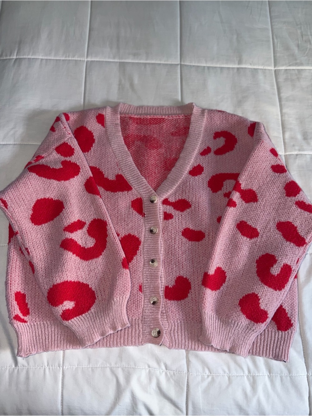 Pink and Red Leopard-Print V-Neck Cardigan Cropped Cardigan - Large